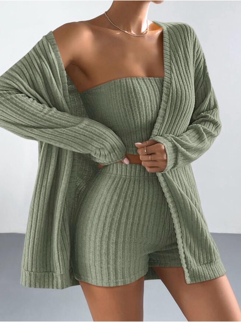 SHEIN Ribbed Knit 3-Piece Set in Sage Green